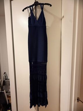 Herve Leger Navy Double-Strap Maxi Dress